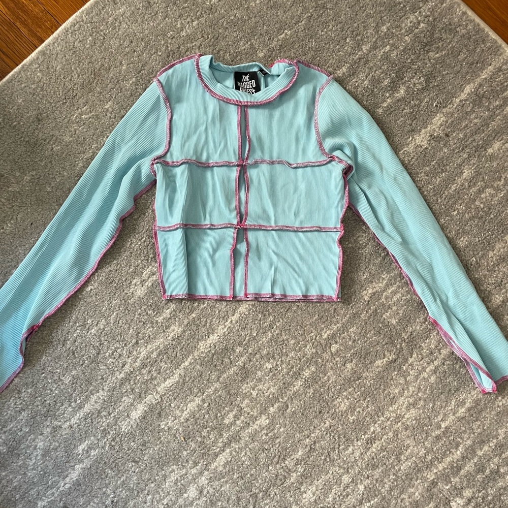 The Ragged Priest Light Blue Top with Pink Stitching